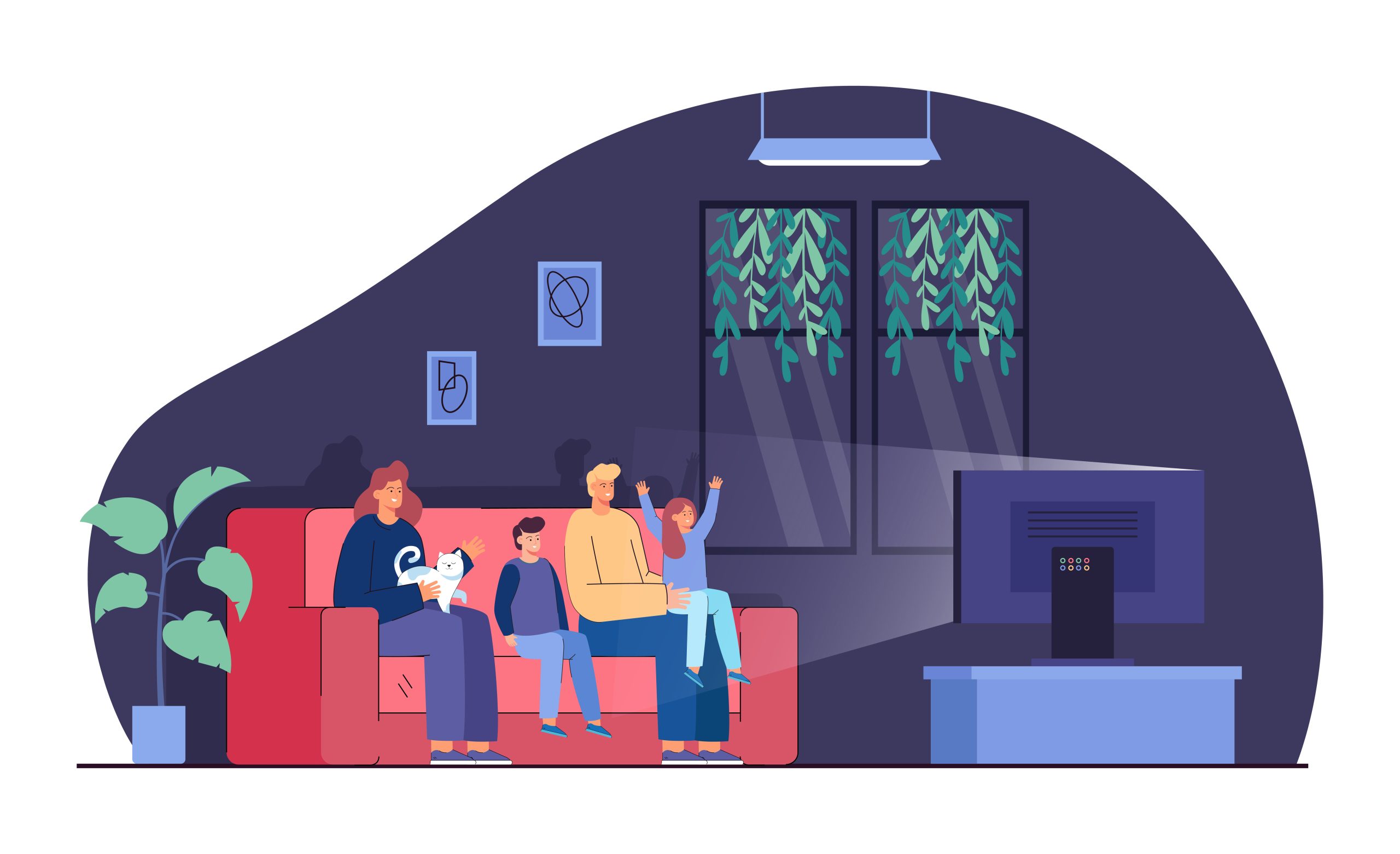Happy family watching TV at night flat vector illustration | Rapid IPTV Subscription rapid iptv